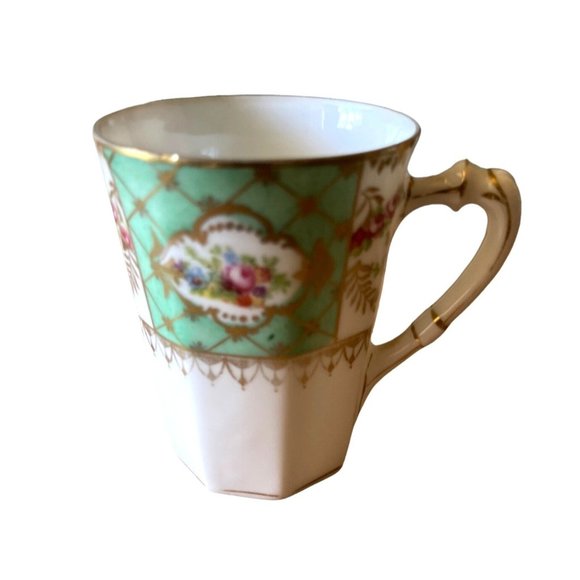 Demitasse Teacup Hand Painted Mint Green and Floral Gold Trim 2.25 w x 3" h - Picture 1 of 5